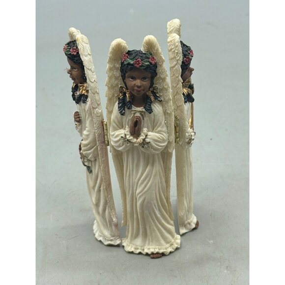 African American Angel Trio Hinged Figurine Set - Praying Holding Flowers & Play - Picture 1 of 7